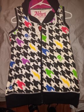 Abbey Dawn Black & White Houndstooth Hooded Zip Vest with Multicolor Lightning